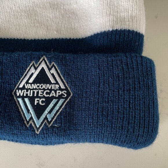 Acrylic Colorblock Turned Up Rim Knit Toque Pom Pom Vanc Whitecaps Blue Wht OS - Picture 3 of 5